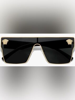 VERSACE monogram Gold-Trim Black Shield Visor Sunglasses